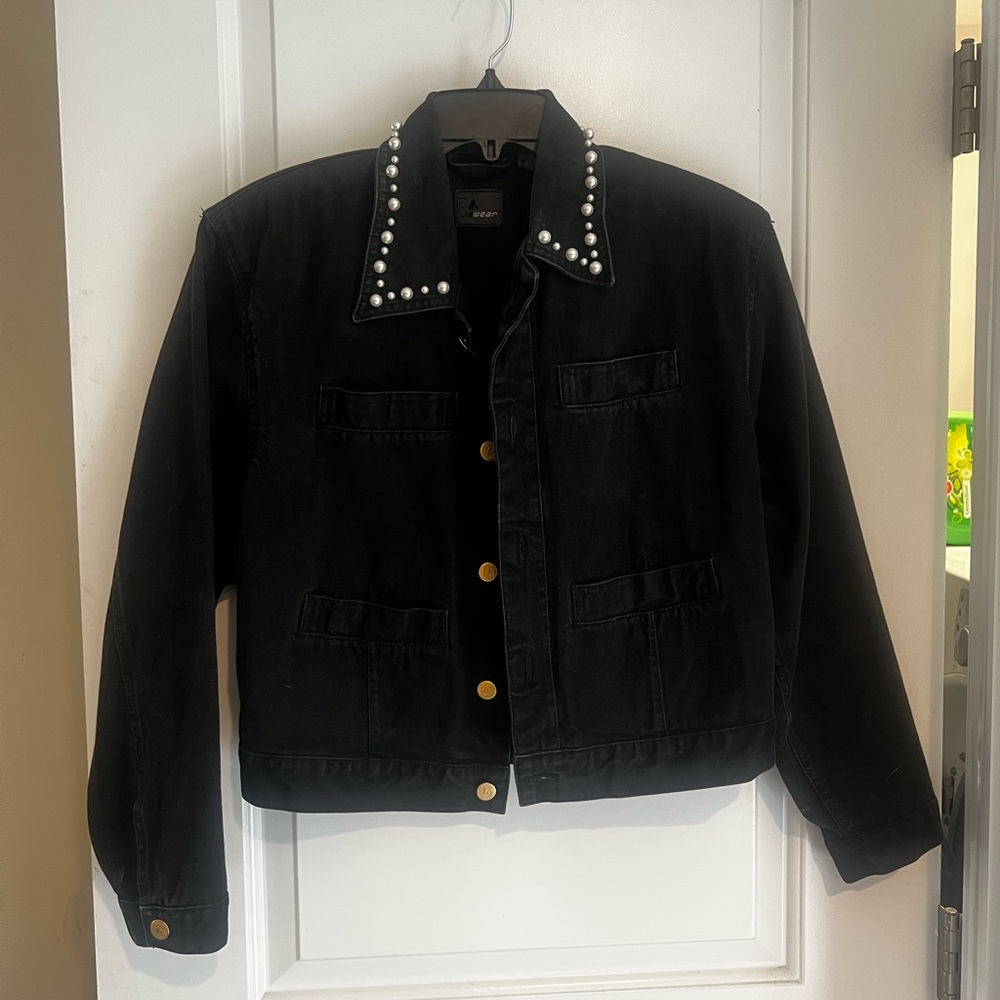 VINTAGE Liz Wear Pearl Adorned Black Denim Button Down Trucker Jacket | small